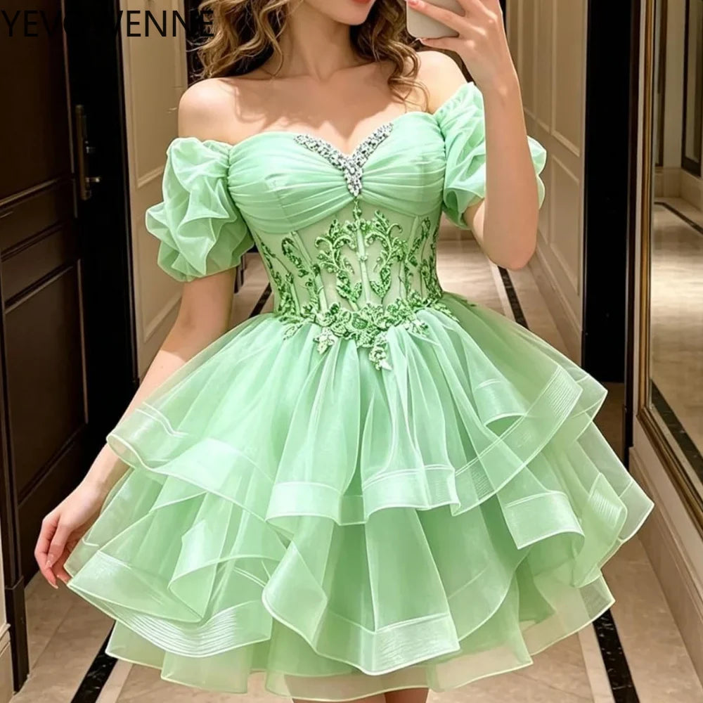Beaded Lace Homecoming Dress - Short Tiered Tulle Sequin Prom & Quinceañera Gown