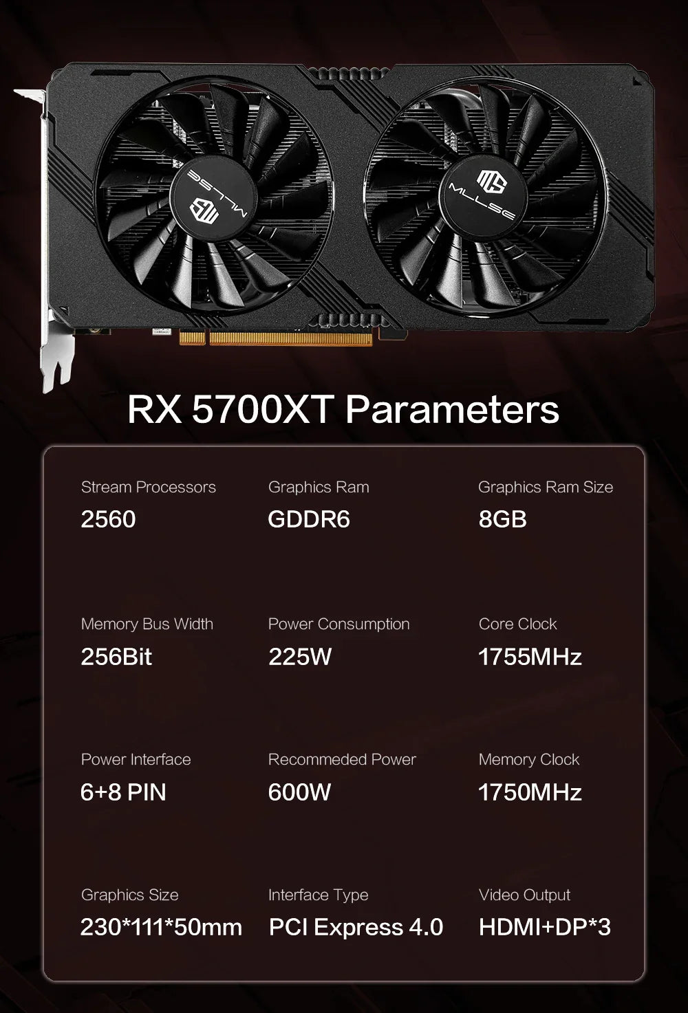 MLLSE AMD RX 5700 XT 8GB Graphics Card – GDDR6, 256Bit, PCI-E 4.0×16, 6+8Pin Radeon GPU for Gaming Video Card