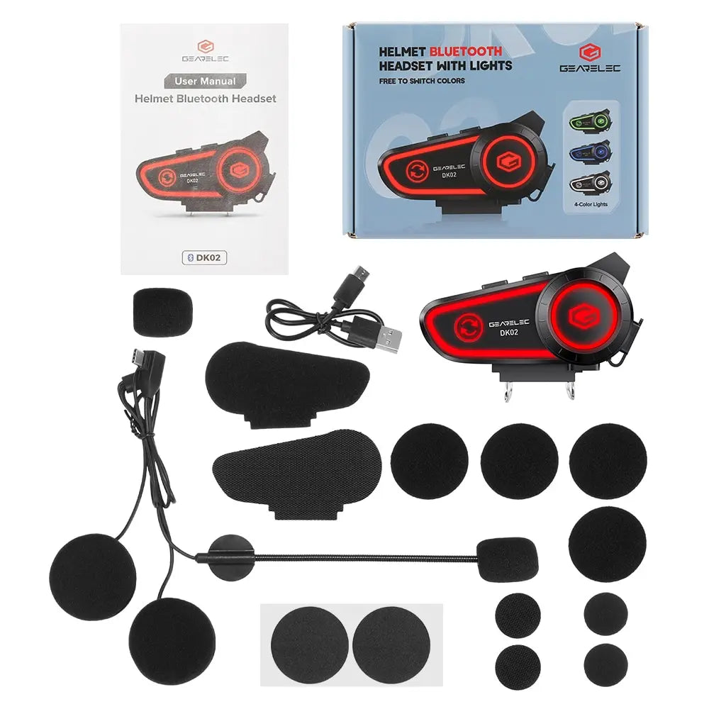 GEARELEC DK02 Motorcycle Helmet Headset - Stereo Bluetooth Hands-Free Call, IPX7 Waterproof, 2800mAh with Tri-Color Ambient Light