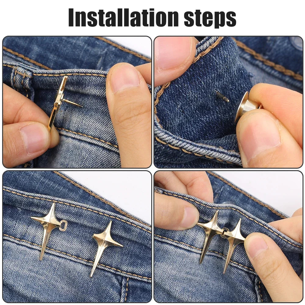 Adjustable Jean Button Pins – Detachable Metal Waist Tightener with Cross Star Design for Clothing Alterations