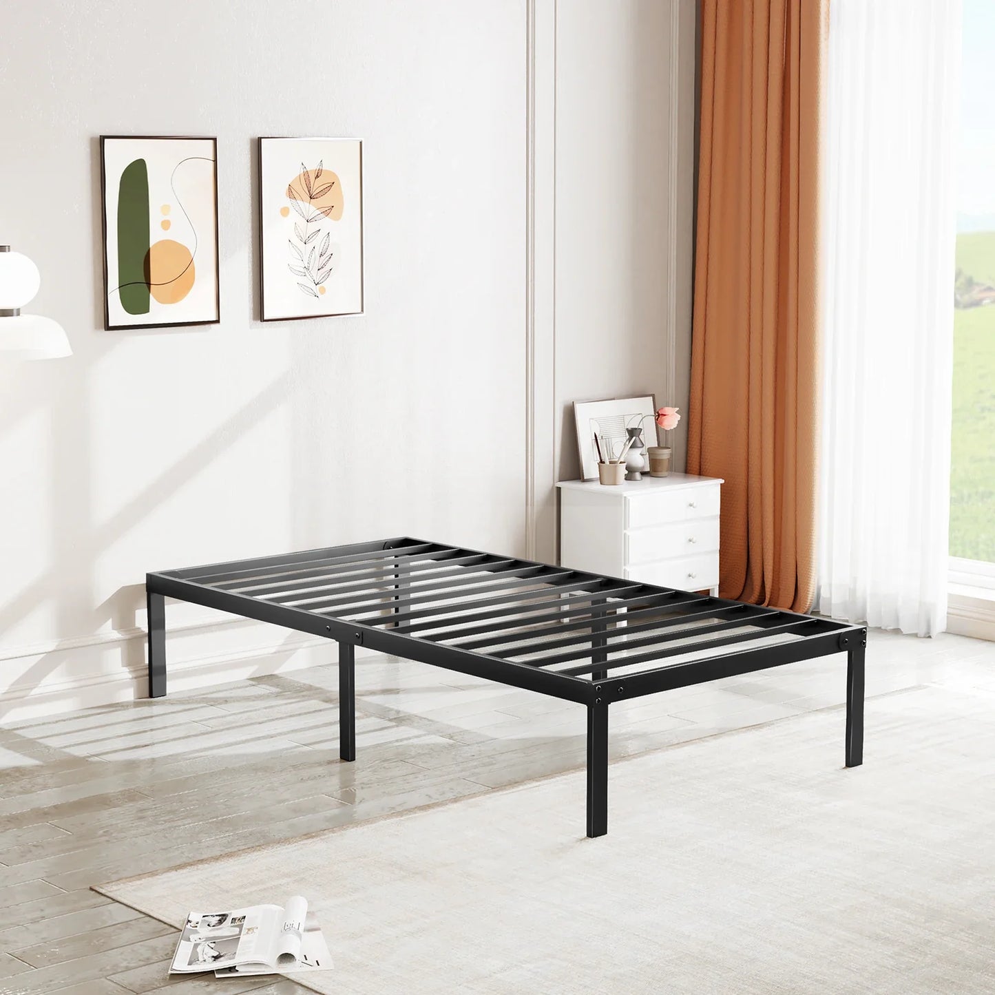 Metal Bed Frame with Storage – Twin, Full, Queen & King Size Platform with Steel Slat Support 350lbs