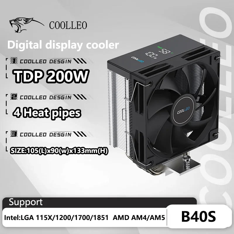 COOLLEO B40S DIG CPU Air Cooler with Intelligent Temperature Display – 4 Heat Pipes 200W TDP Radiator for Intel LGA1700/115X & AMD AM4/AM5