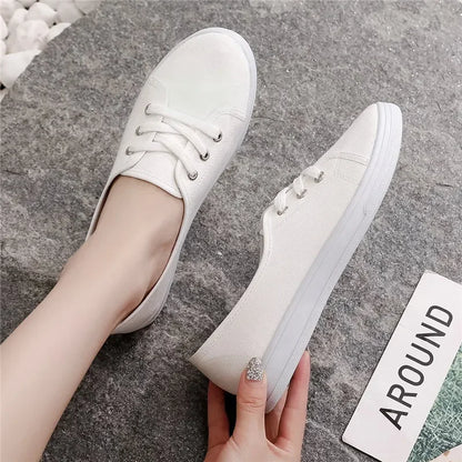 Lady Classic Round Toe White Canvas Shoes | Comfortable Lace-Up Street Sneakers for Students