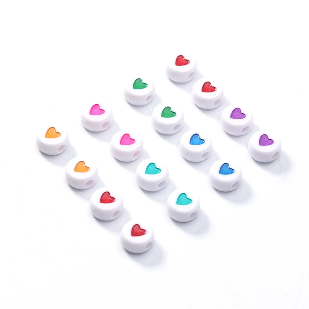 100Pcs 7mm Acrylic Flat Round Beads – Colorful Heart Pattern Spacer Beads for DIY Bracelet & Earring Jewelry Making Supplies