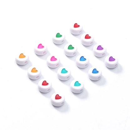 100Pcs 7mm Acrylic Flat Round Beads – Colorful Heart Pattern Spacer Beads for DIY Bracelet & Earring Jewelry Making Supplies
