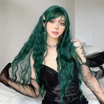 Light Green Long Wavy Synthetic Wig with Bangs – Blackish Green Cosplay & Lolita Style, Heat-Resistant for Women