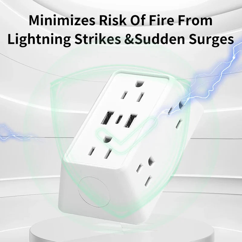 9-in-1 Power Strip – 2 USB Sockets, 1 Type-C Socket, 6 AC Sockets, Compact Wall Plug Power Expander