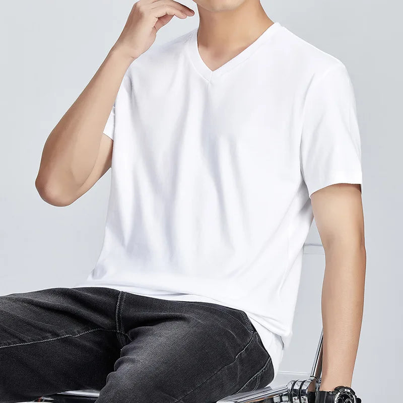 Men's Pure Cotton V-Neck T-Shirt - Comfortable Loose-Fit Casual Short Sleeve Top