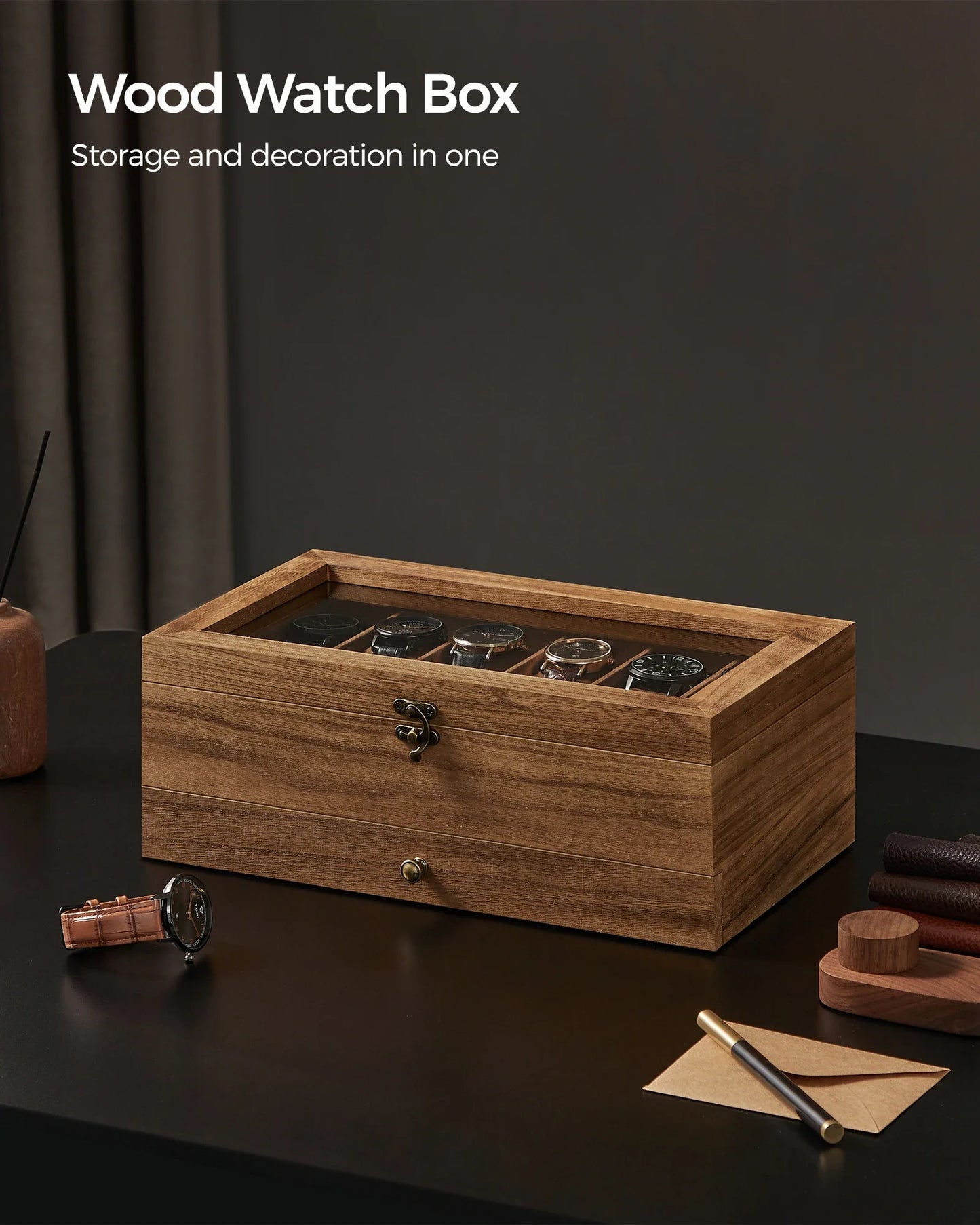SONGMICS 12-Slot Watch Box – 2-Tier Watch Display Case with Glass Lid, Removable Pillows & Velvet Lining Jewelry Organizer