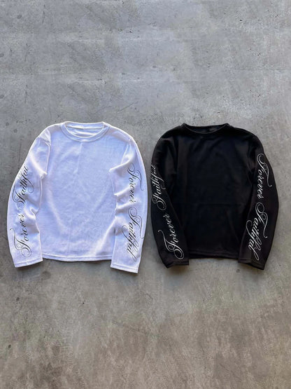 Retro Streetwear Long Sleeve T-Shirt - Loose Fit English Print Casual Crew Neck Top