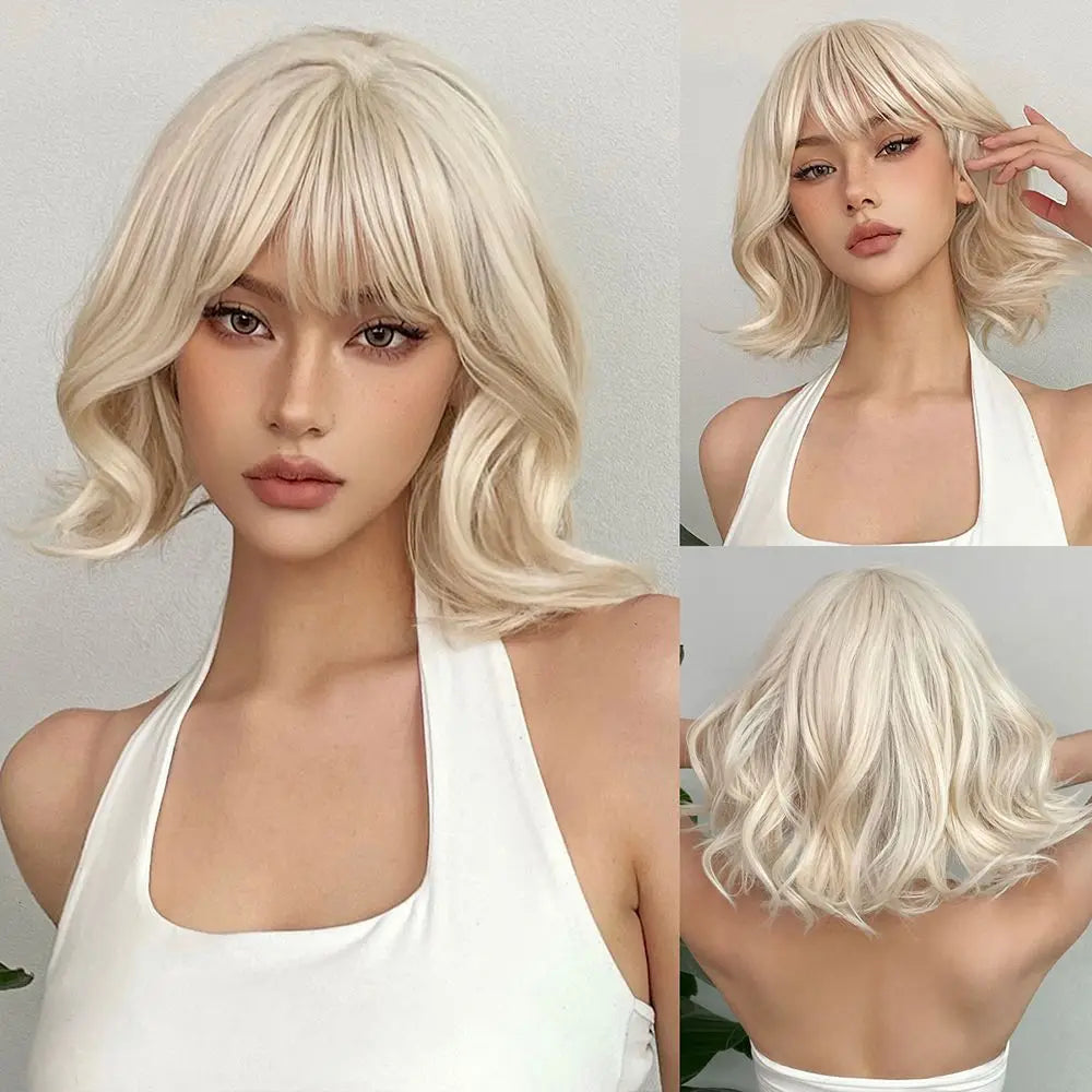 Blonde Short Curly Bob Synthetic Wig with Bangs – Platinum Golden Lolita Cosplay Wig for Women, Heat-Resistant for Daily & Party Use