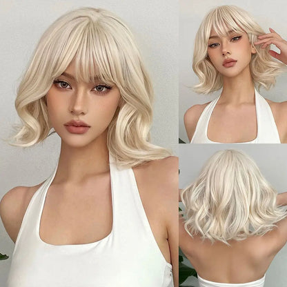 Blonde Short Curly Bob Synthetic Wig with Bangs – Platinum Golden Lolita Cosplay Wig for Women, Heat-Resistant for Daily & Party Use