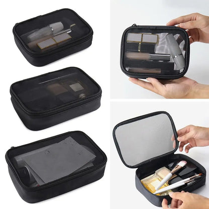 Women’s Solid Color Makeup Bag – Mesh Transparent Zipper Cosmetic Pouch, Portable Mini Wash Storage for Travel