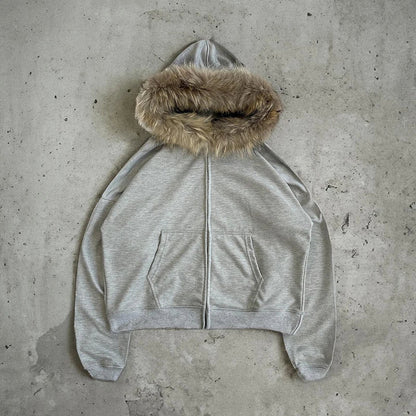 Y2K Zip-Up Hoodie with Faux Fur Collar – Harajuku Rock Goth Retro Punk Loose Jacket for Hip Hop Streetwear