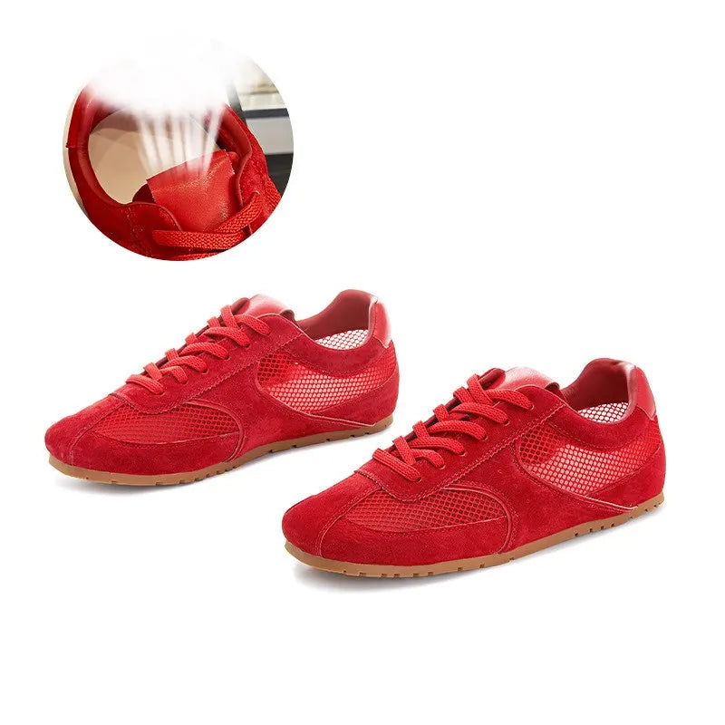 MORAZORA 2025 Women’s Split Leather Sneakers – Lace-Up Fashion Casual Flats in Beige & Pink
