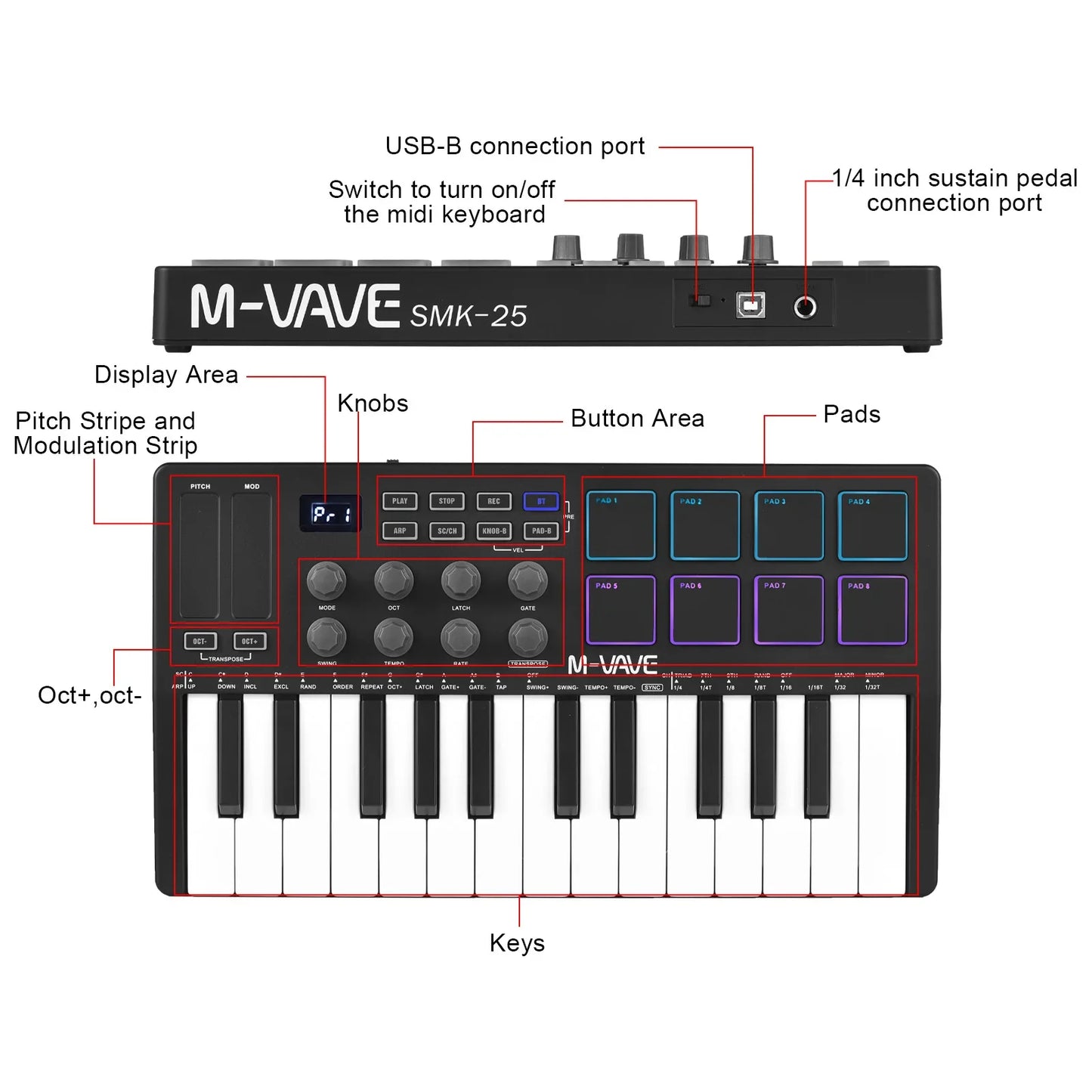 M-VAVE 25 Key MIDI Control Keyboard – Portable USB, Velocity-Sensitive Keys, 8 RGB Pads, 8 Knobs
