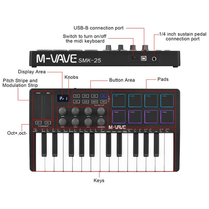 M-VAVE 25 Key MIDI Control Keyboard – Portable USB, Velocity-Sensitive Keys, 8 RGB Pads, 8 Knobs