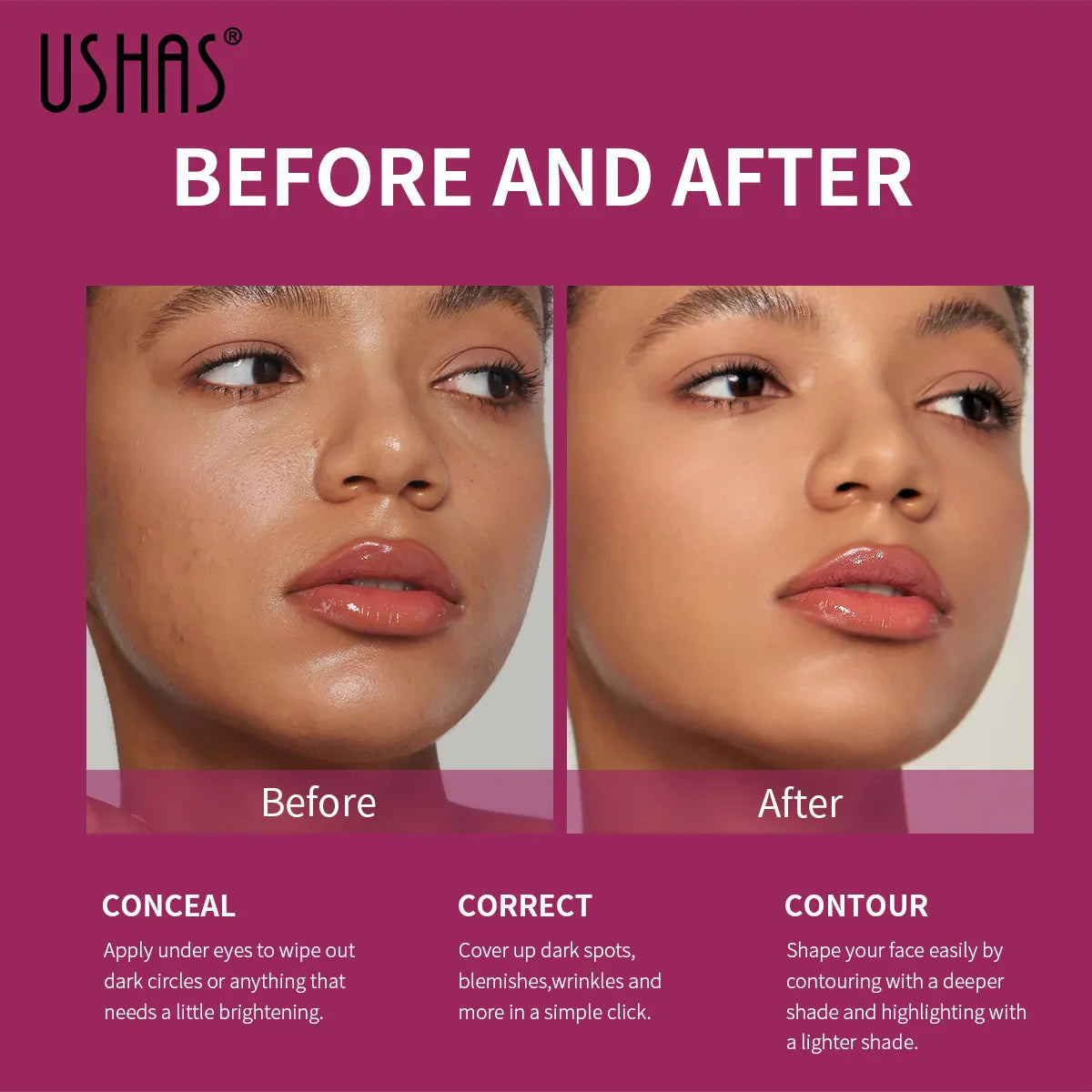 USHAS Sponge Tip Foundation Concealer – Waterproof, No Makeup Removal, 12 Colors Available