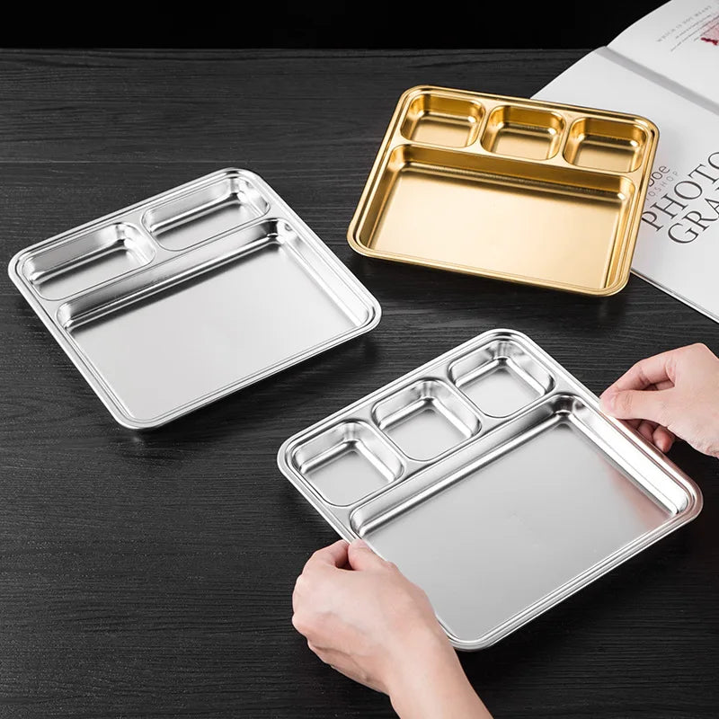Gold Stainless Steel Divided Dining Plate – Compartment Food Serving Tray Kitchen Tableware