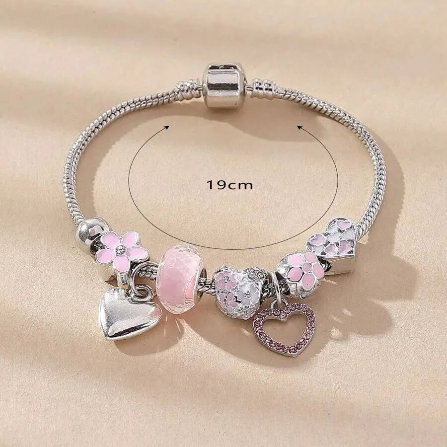 Obega Love Heart Flower Glass Pendant Bracelet – Classic Pink & White Crystal Stone, Adjustable Bead, Silver/Gold Color