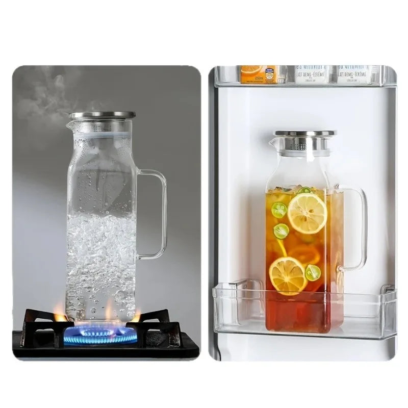 JUSTINLAU Borosilicate Glass Water Bottle - 1.2L/2L Large Capacity Juice & Drink Pitcher for Home & Restaurant