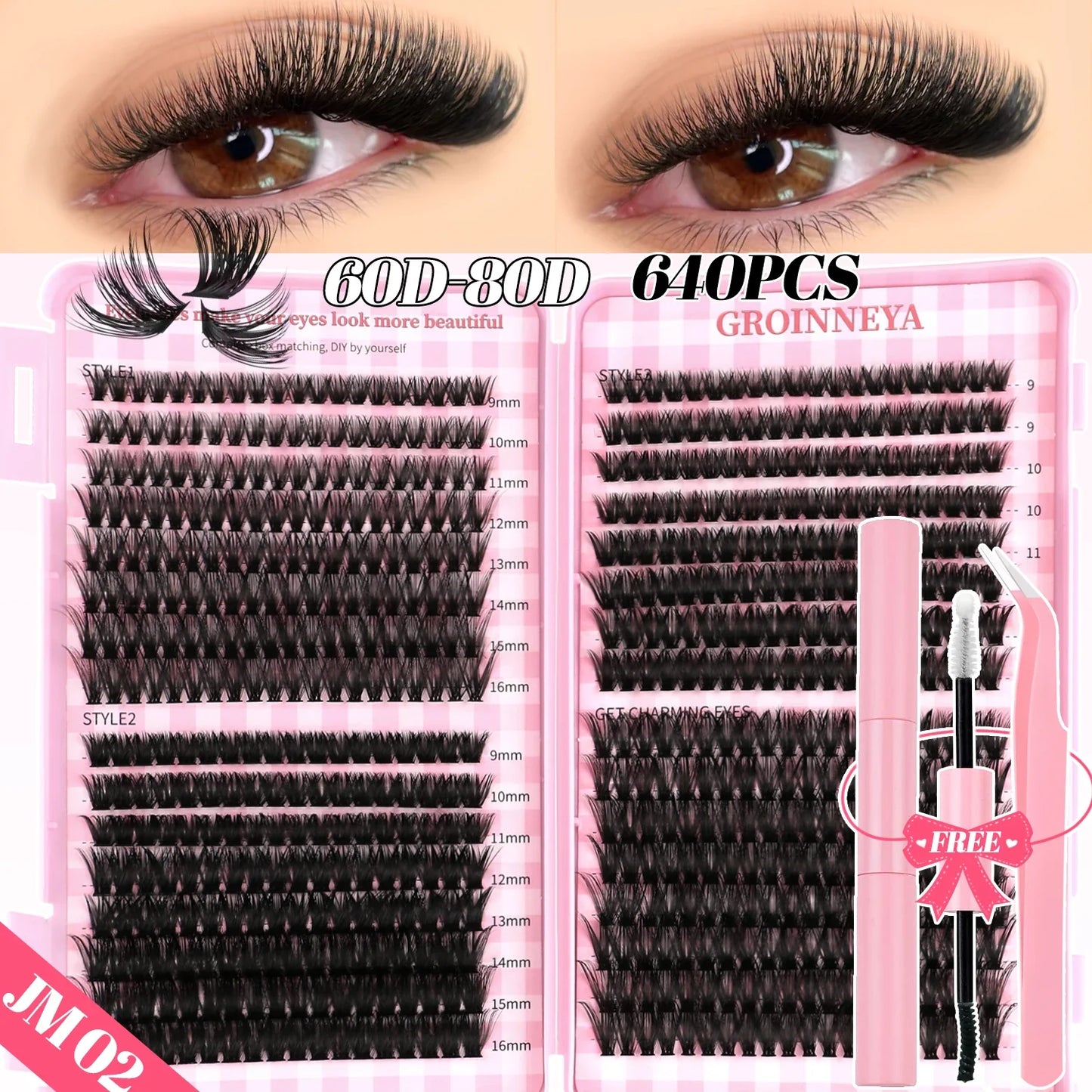 GROINNEYA DIY Mixed Lash Clusters Set – Fluffy Individual Lash Extensions Kit with Bond & Seal for At-Home Makeup