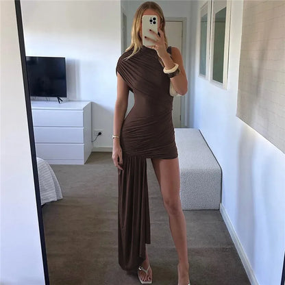 Balitops Summer Draped Ruched Mini Dress – 2025 Irregular High Waist Slim Fit Elegant Club Tank Dress for Women