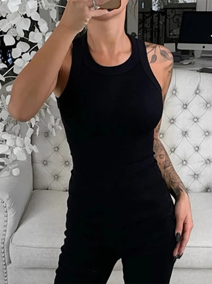 Solid Round Neck Ribbed Tank Top Camisole for Women - Summer Basic Elastic O-Neck Sleeveless Shirt