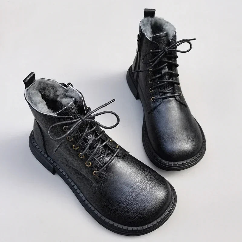 Careaymade 100% Genuine Leather Wide Casual Women’s Short Boots – Big Size, Handmade Men’s Wool Boots