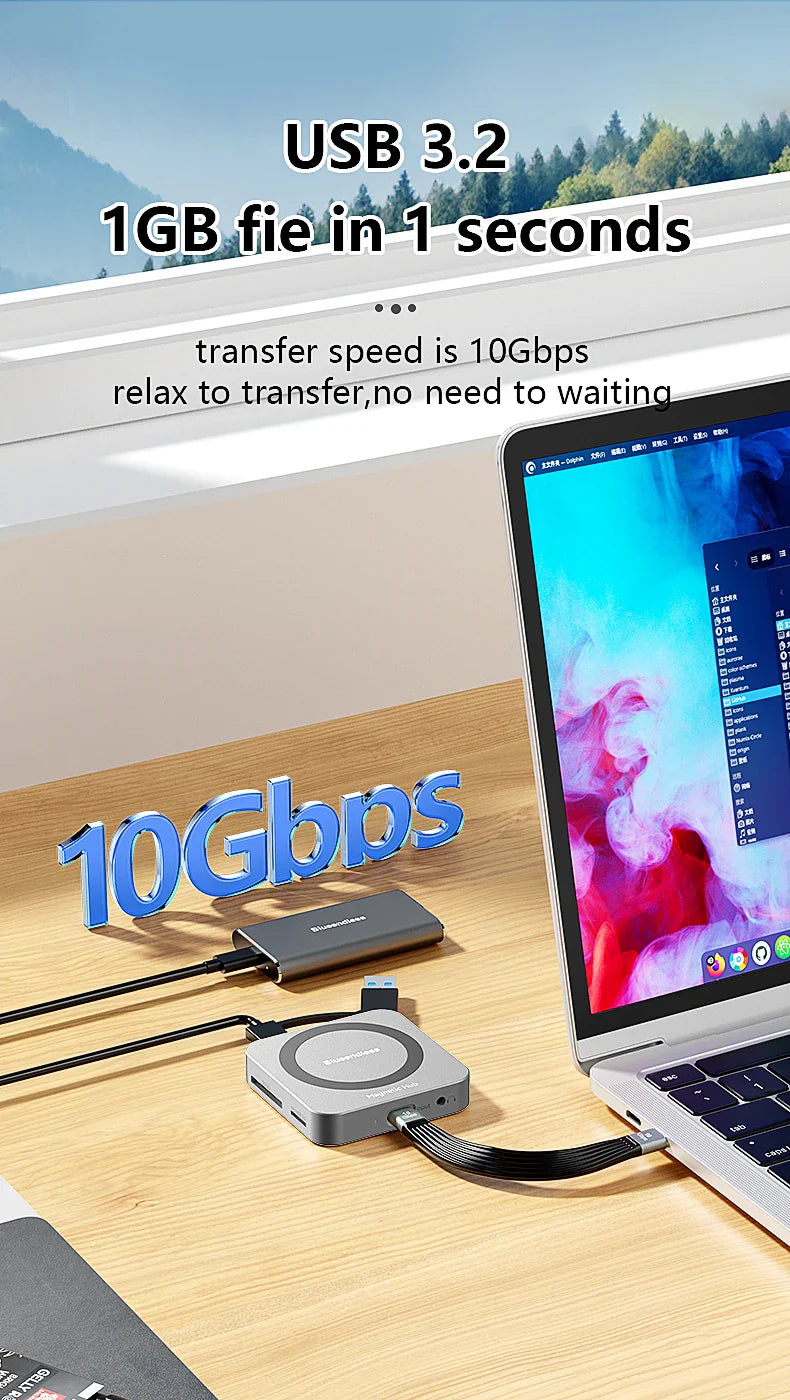 Blueendless 8-in-1 M.2 NVMe SSD Docking Station – USB 3.1 10Gbps, 100W PD, 4K60Hz HDTV Magnetic M.2 SSD Enclosure