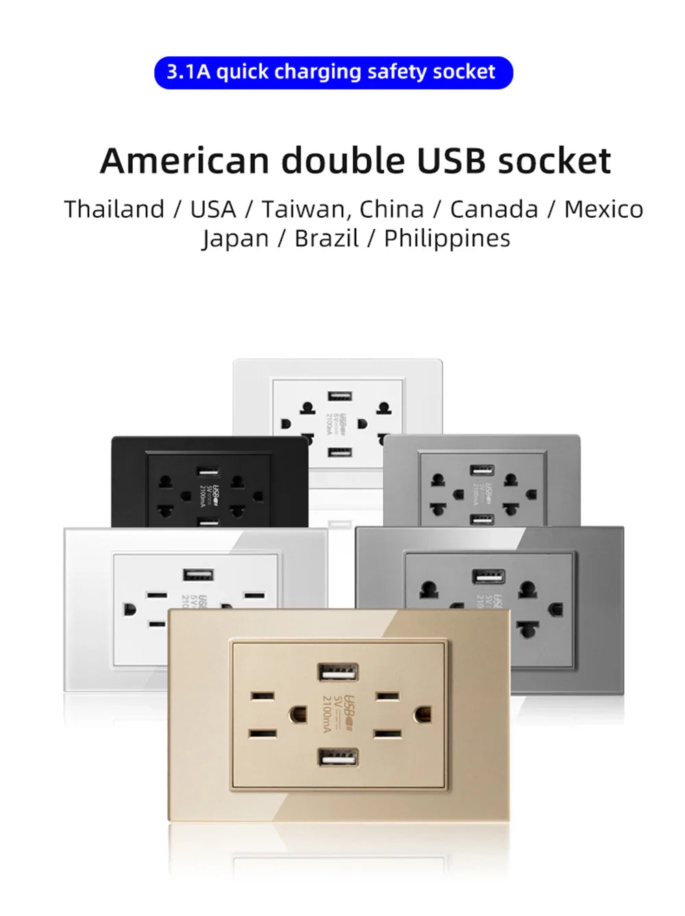 Herepow 118 Series Dual USB Wall Socket - Thailand & American Standard Smart Plug Adapter with Type-C 3.1A Fast Charging