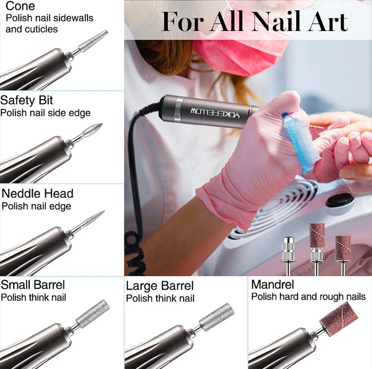 YOKEFELLOW Professional Nail Drill Kit – 35000RPM Rechargeable Electric Nail File for Manicure, Acrylic & Gel Nails