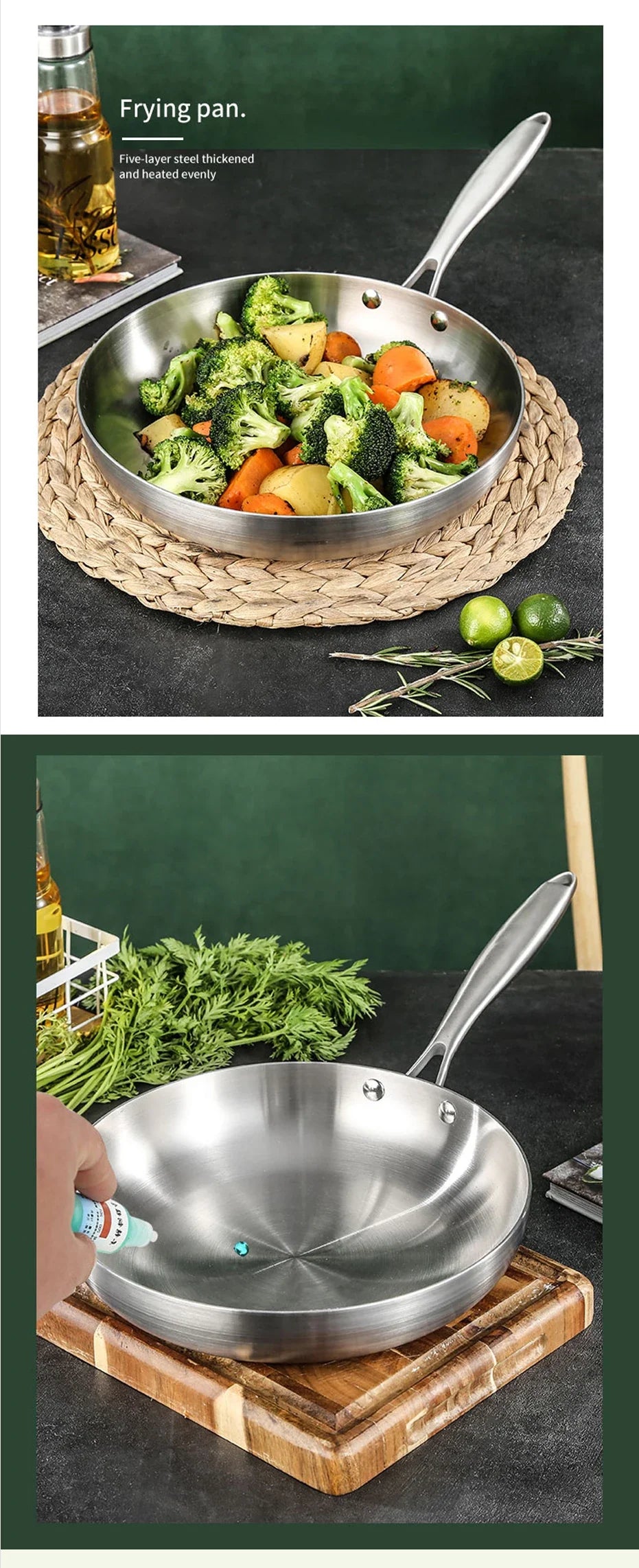 304 Stainless Steel Non-Stick Frying Pan - Uncoated Steak Cookware for Gas Stove and Induction Cooker