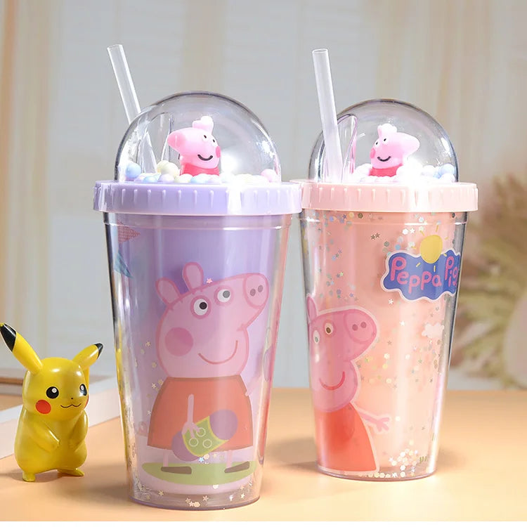 450ML Peppa Pig Plastic Water Bottle – Double-Layer Tumbler with Straw, George Pig Design, Gift for Girls