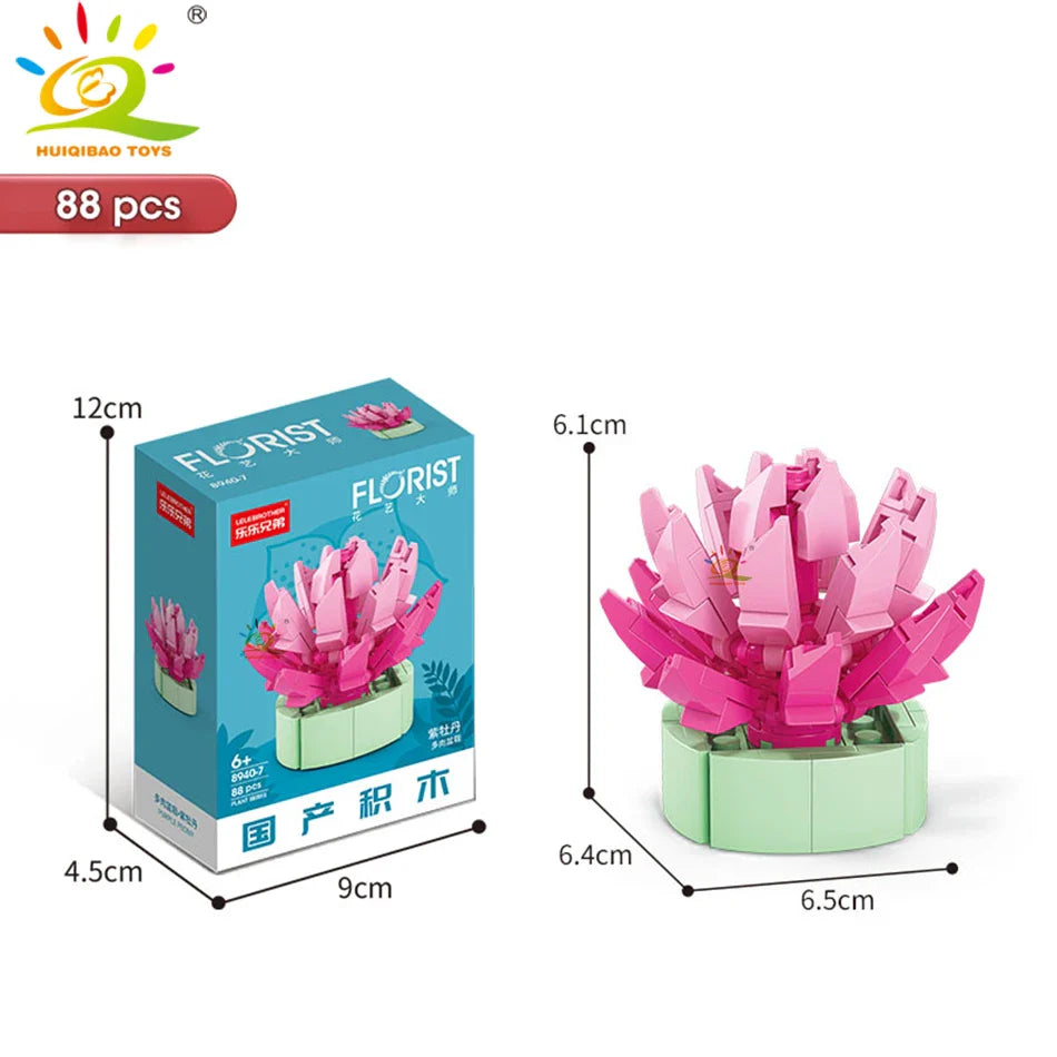 HUIQIBAO MOC Flower & Succulent Potted Building Block Set – DIY Eternal Bouquet, Home Desk Plant Decor, Girls & Kids Toy Gift