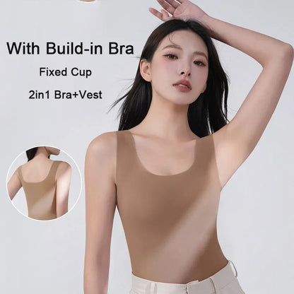 Women's Ice Silk Seamless Tank Top with Chest Pads - Wide Shoulder Sleeveless Innerwear
