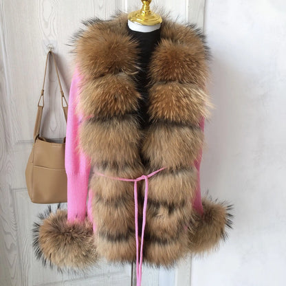 Women’s Spring & Autumn Sweater Cardigan – Real Fox Fur Collar Jacket, Natural Fur Outerwear