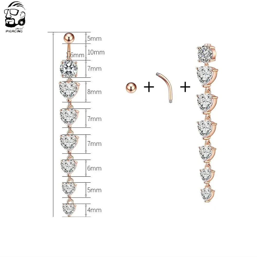 14G Surgical Steel Belly Button Ring – 7 Heart Crystal Long Dangle Navel Piercing Jewelry for Women