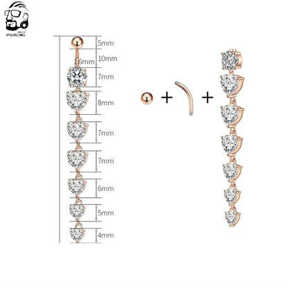 14G Surgical Steel Belly Button Ring – 7 Heart Crystal Long Dangle Navel Piercing Jewelry for Women