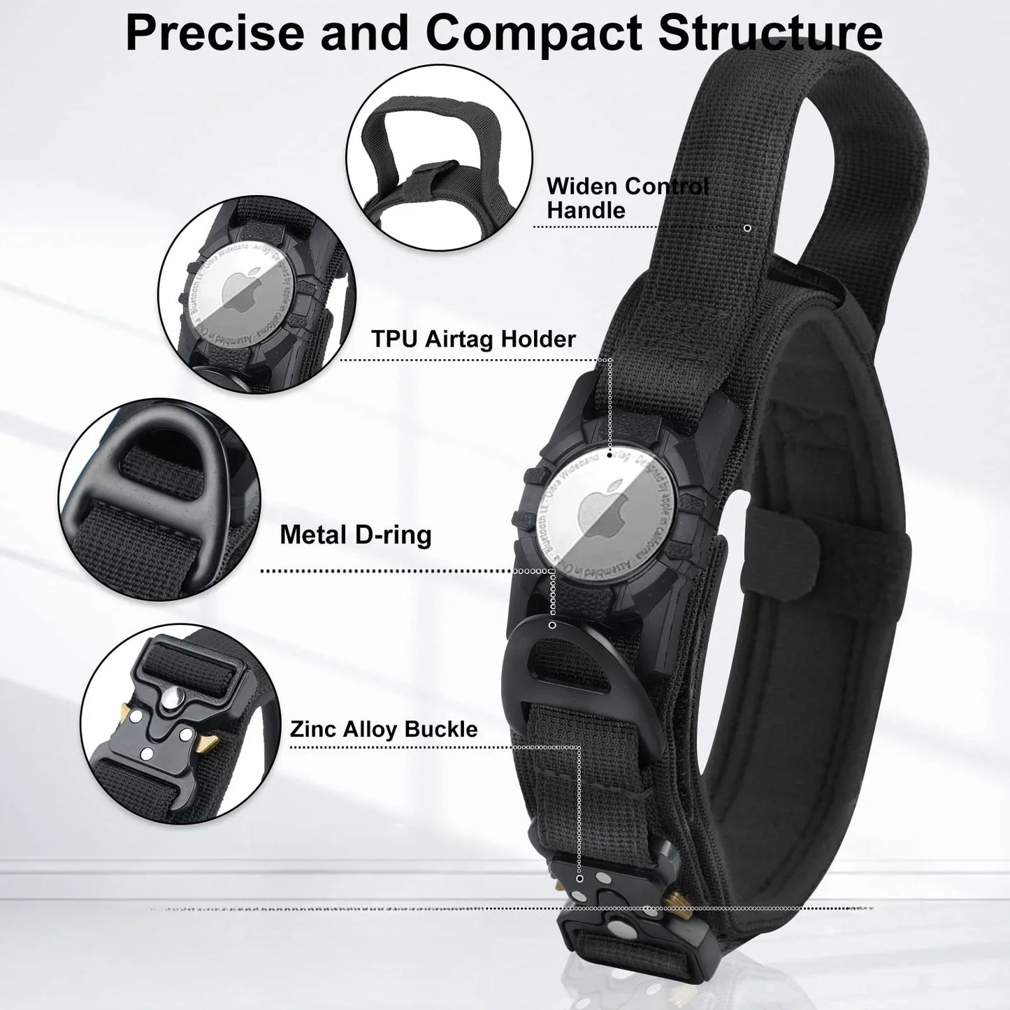 AirTag Tactical Dog Collar with Holder & Handle – Adjustable Military GPS Collar for Medium & Large Dogs