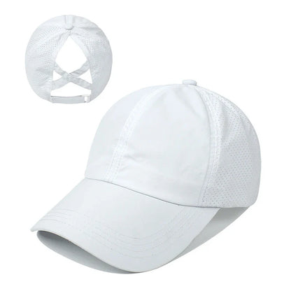 Summer Solid Color Baseball Cap – Quick-Drying Mesh Golf & Sports Hat for Women, Cross Ponytail Design, Men's Peaked Cap