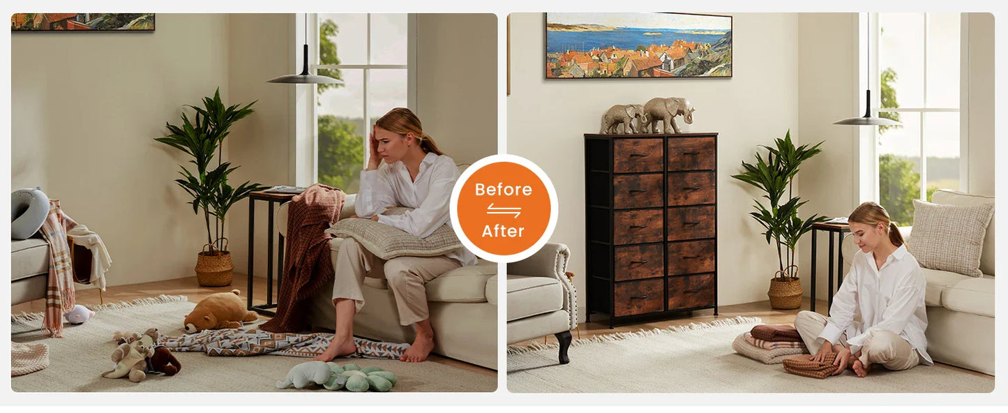 Bedside Table with 10 Fabric Drawers – Steel Frame Storage Cabinet for Bedroom & Living Room