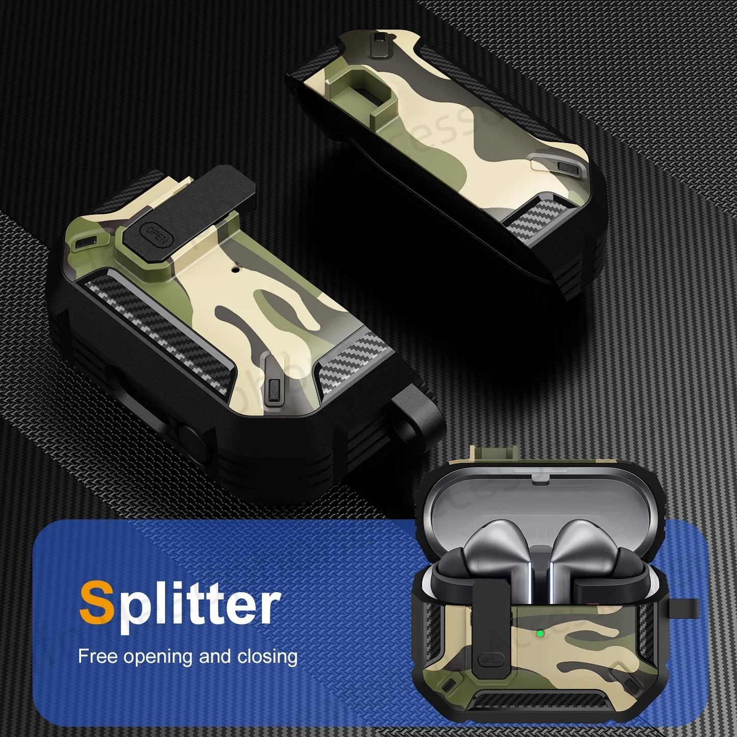 Camouflage Case for Galaxy Buds3 Pro – Carbon Fiber Protective Cover with Keychain & Cleaning Kit