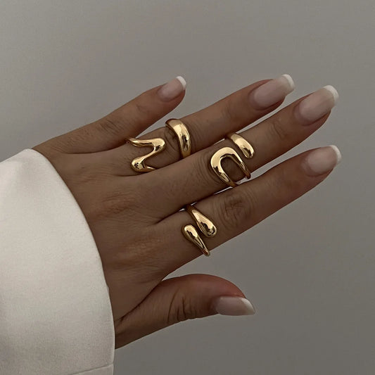 Punk Geometric Irregular Metal Ring Set – Vintage Gold Curved Open Rings for Women & Men Unisex Jewelry Gift
