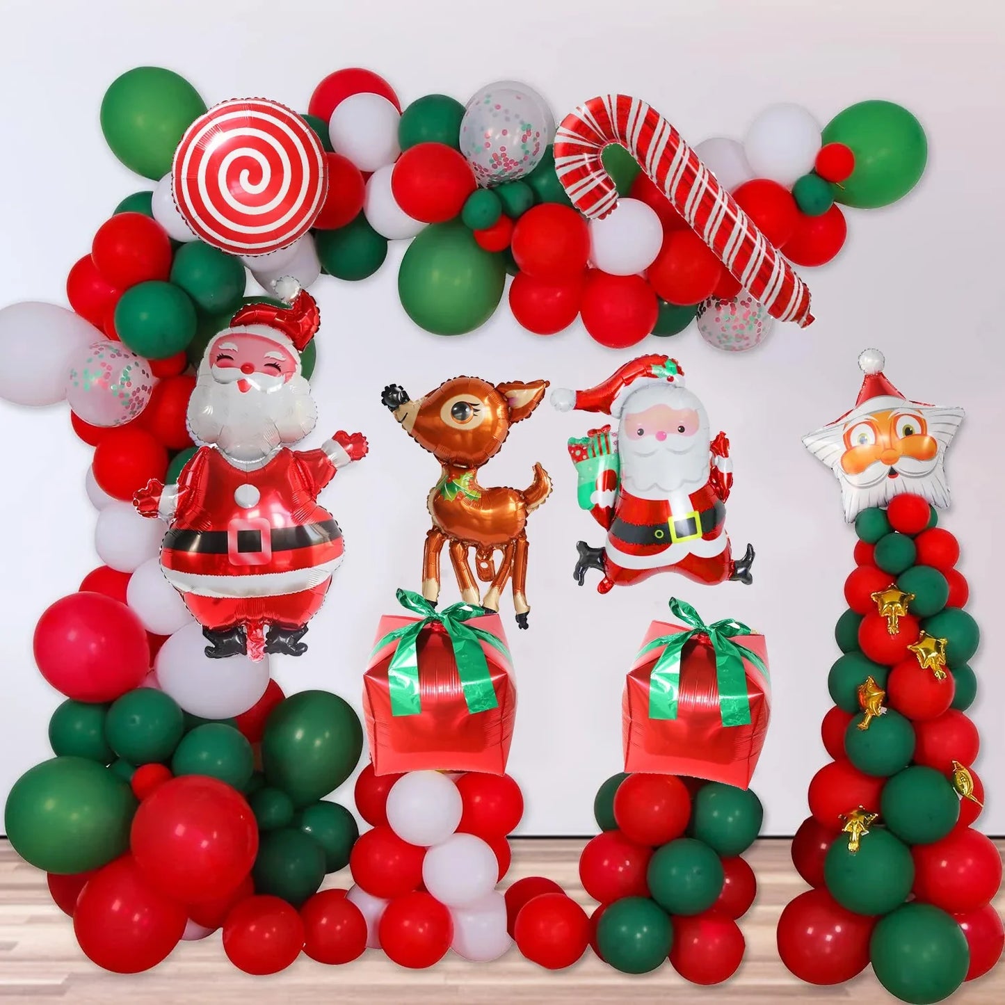 Christmas Balloon Garland Arch – Red & Green Balloons, Star, Santa, and Gift Box Foil Balloons for Xmas and New Year Decoration