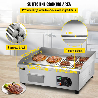 SucceBuy 14"-22" Electric Countertop Griddle – 1600W/3200W Stainless Steel Flat Top Teppanyaki Grill for Pancakes and Chicken