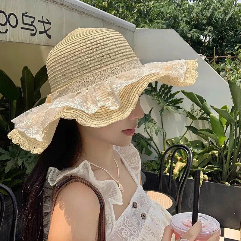 Funny Women’s Lace Straw Hat – Wide Brim Floppy Beach Sun Hat with Solid Fringe, Summer Outdoor Cap