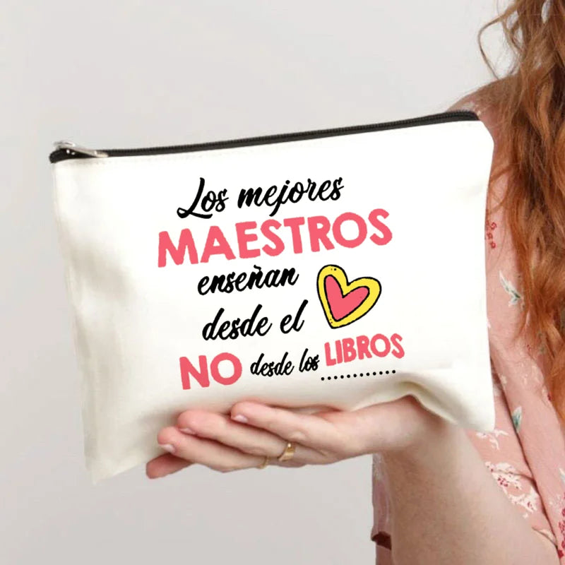 Spanish Printed Teacher Life Makeup Pouch - Pencil Case, School Stationery Storage Bag, Travel Organizer and Gift