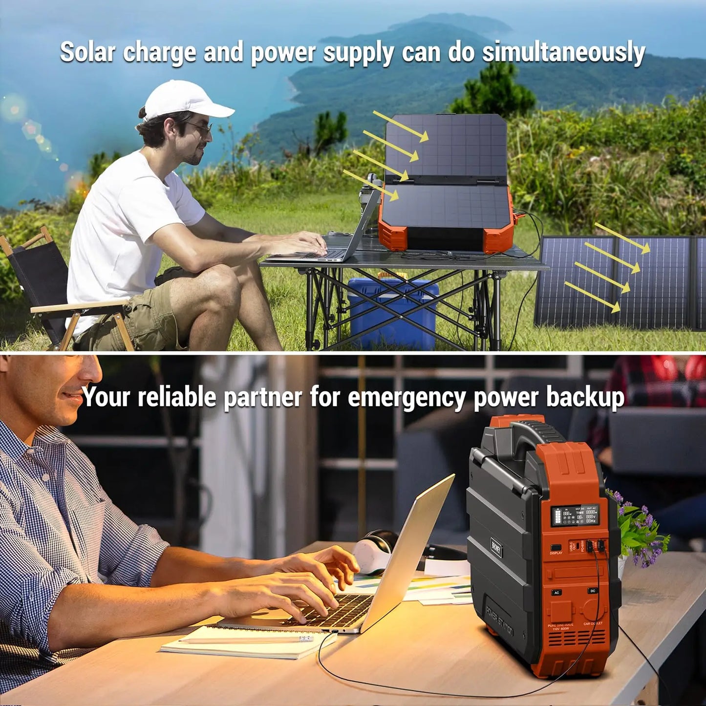Portable 1000W Power Station with Built-in Solar Panel – 614Wh LiFePO4 Battery Pack Solar Generator with AC/DC/USB/PD