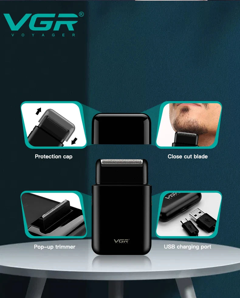 VGR V-390 Electric Shaver – Professional Beard Trimmer & Portable Mini Razor, USB Rechargeable 2-Blade Shaving for Men